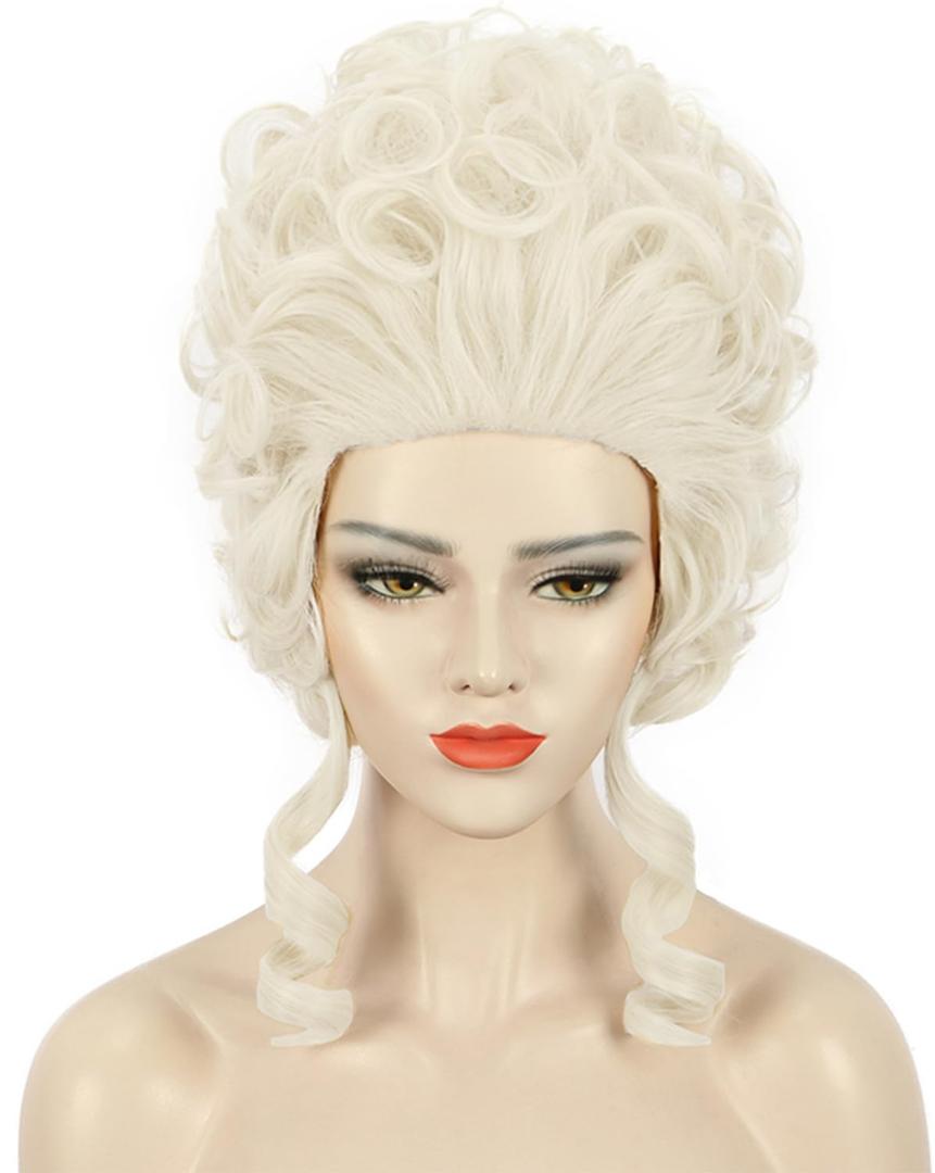 karlery Women Short White Blonde Curly Wig Queen Colonial Wig Halloween Party Costume Wig
