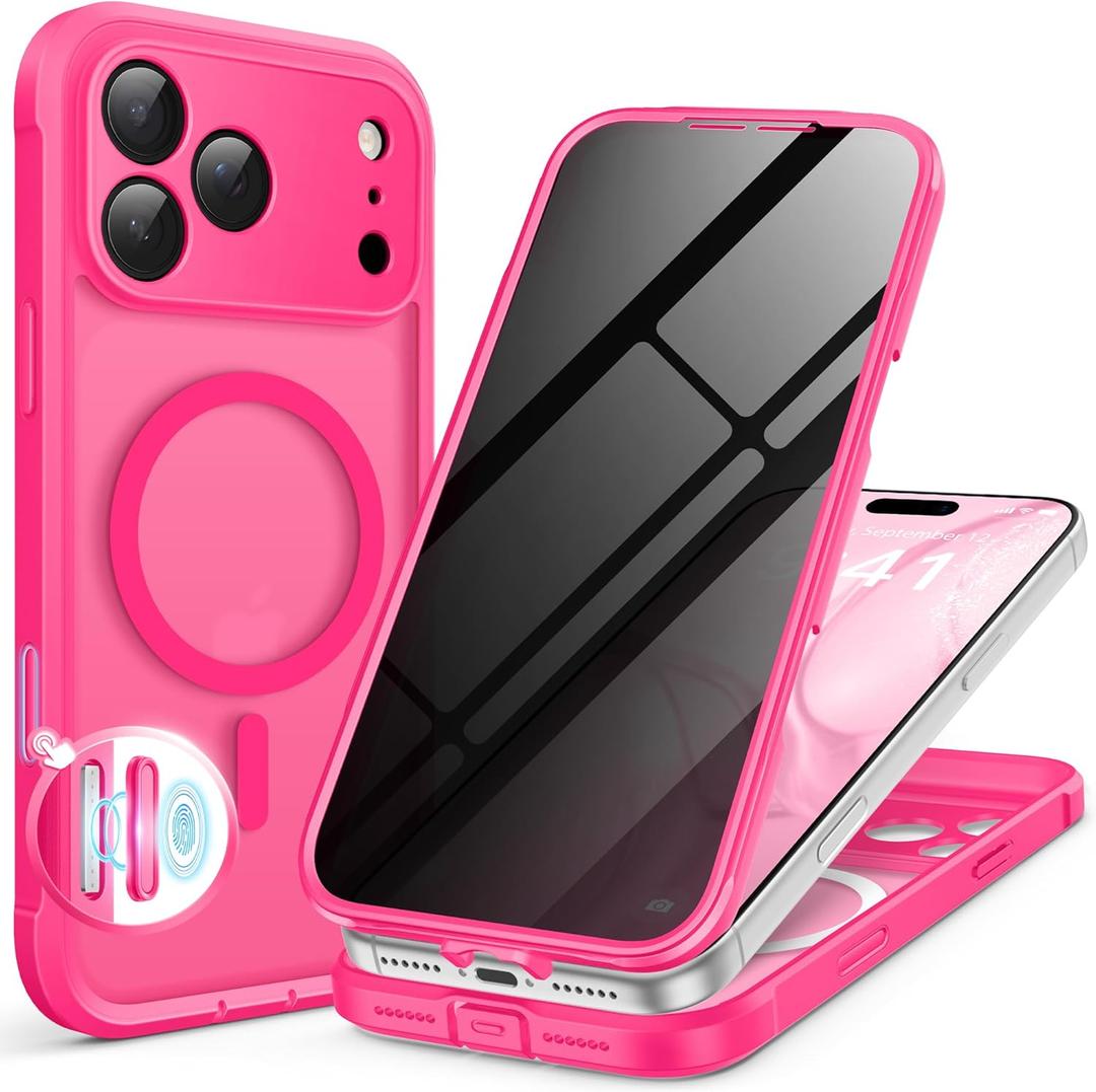 BERFY for iPhone 17 Pro Max Case, Compatible with MagSafe, Built-in Privacy Screen Protector, Camera Protection, Shockproof Full Body Phone Case 6.9", Translucent Hot Pink