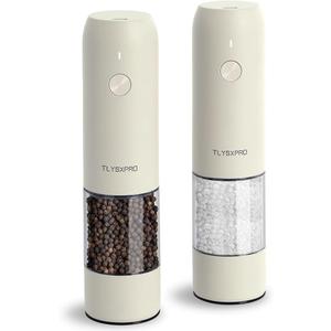 Electric Salt and Pepper Grinder Set, USB Rechargeable, Automatic Salt and Pepper Mill Grinder with Adjustable Coarseness, Electric Salt Shakers, LED Light, Refillable (2 Packs, Buttercream)