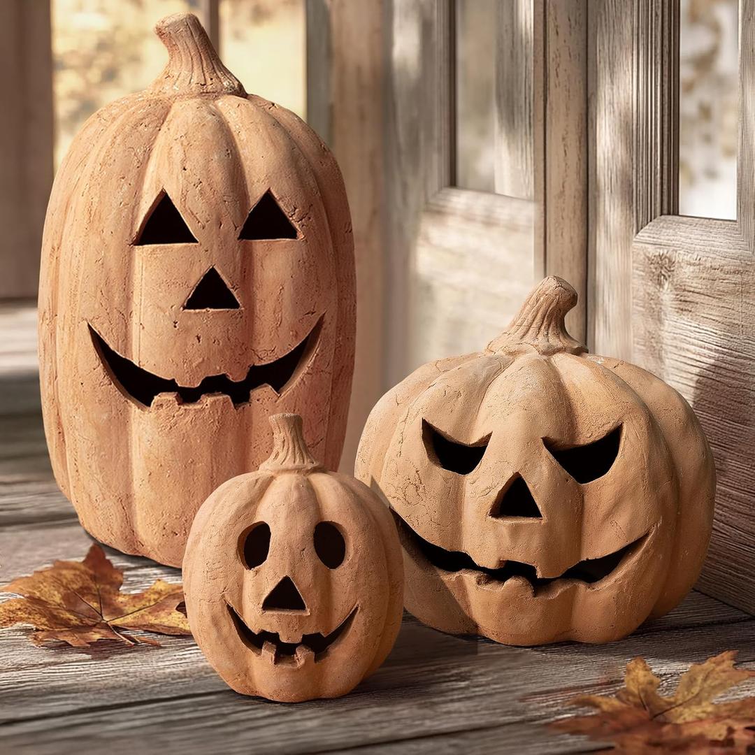 Fall Decorations for Home - Halloween Decorations - Handmade Terracotta Pumpkin Jack O' Lantern Outdoor Indoor -Vintage Halloween Autumn Party Farmhouse Table Decor for Front Porch Door Mantel(Medium) (Single  Medium(11" x 9.8"))