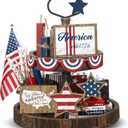 FairySandy 13 Pcs Memorial Day Decorations American 4th of July Patriotic Tiered Tray Decor Rustic 250th Anniversary Farmhouse Table Wooden Sign USA Flag Star Red White Blue for Independence Day Party