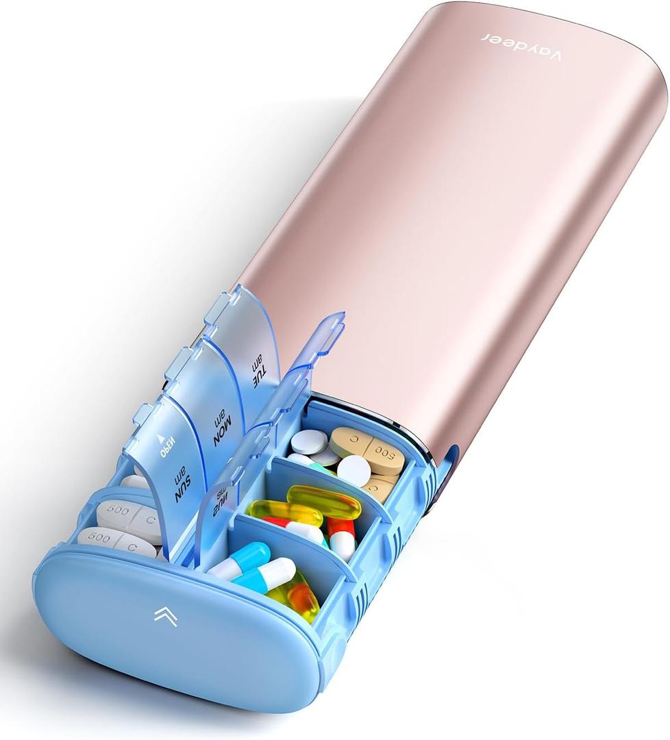 Vaydeer 7 Day Weekly Pill Organizer 2 Times a Day, Metal Am Pm Travel Pill Case, Large Capacity Twice Daily Cute Pill Box for Supplements, Pills, Vitamins and Medication (Rose Gold)