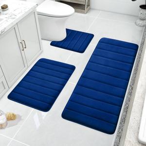 BYSURE Navy Blue Memory Foam Bath Mats, Non Slip Extra Soft Absorbent Machine WashableToilet Bathroom Rug Set 3 Piece (20"x32"+24"x44"+U Shape 20"x24")
