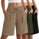 Locoowai 3 Pack Women's Bermuda Shorts Drawstring Casual Lounge Elastic Waist Athletic Yoga Running Shorts with Pockets (Beige, XL)
