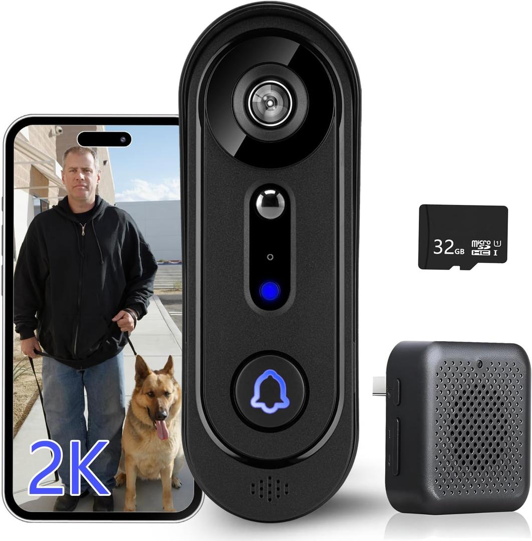 Doorbell Camera Wireless 2K, No Monthly Fee,3MP Video Doorbell with 32GB SD Card/Cloud Storage, No Subscription,Night Vision, 2-Way Audio, PIR Motion Detection, Alert, 2.4Ghz WiFi
