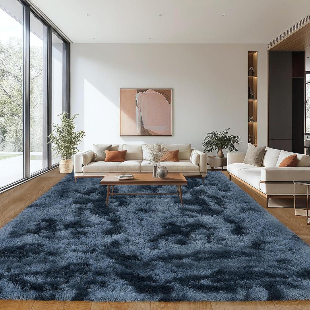 Area Rugs 9x12 Living Room, Ultra Soft Shaggy Fluffy Rug for Bedroom, Upgrade Non-Slip Fuzzy High Pile Plush Large Rugs for Nursery Boys Girls Kids Room Modern Indoor Home Decor, Tie-Dyed Blue Grey