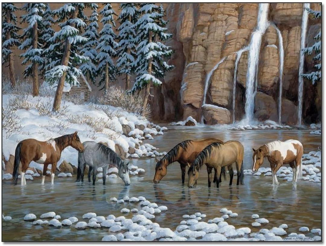 Western Horse Art Rustic Style Horse Herd by The River Vintage Painting Poster Canvas Painting Posters And Prints Wall Art Pictures for Living Room Bedroom Decor 12x16inch(30x40cm) Frame-style