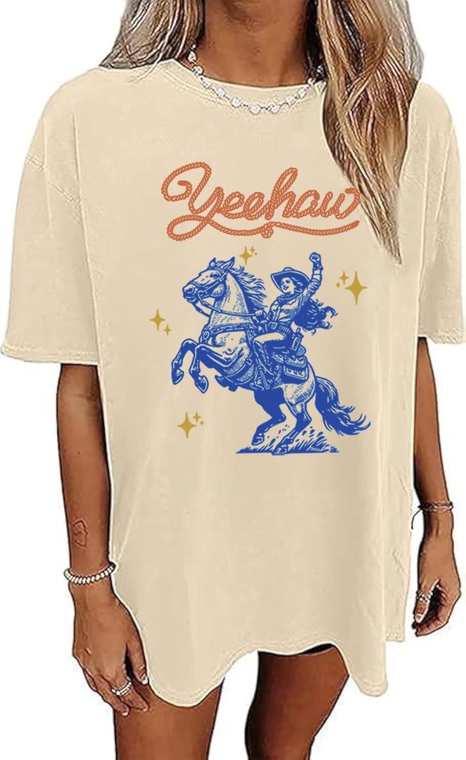 Western Shirts for Women Cowgirl Shirts Vintage Oversized Cowboy Graphic Tee Country Concert Short Sleeve Top (Yellow, XL)