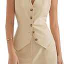 SUUKSESS Women's Summer 2 Piece Sets Button Down V Neck Vest Pockets Shorts Sets (Khaki), Small