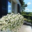 2Pcs Outdoor Faux Hanging Flowers Artificial Morning Glory with Eucalyptus Leaves UV Resistant Look Real Fake Plants for Outside Planter Porch Patio Balcony Yard Decor(White)