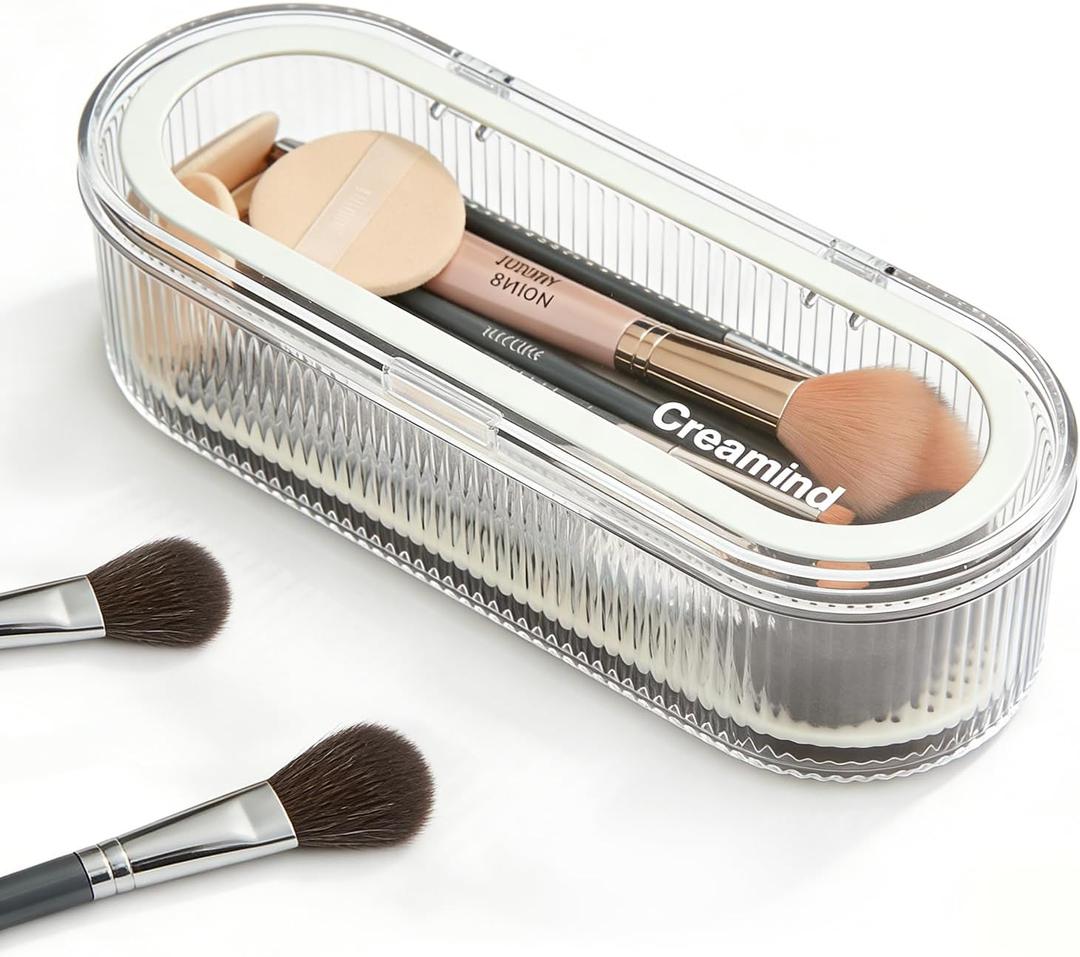 Makeup Brush Holder Organizer, Cosmetic Storage Case with Lid, Clear Acrylic Waterproof Dustproof Organizer for Makeup Sponges, Vanity, Bathroom & Desktop (1 Pack)