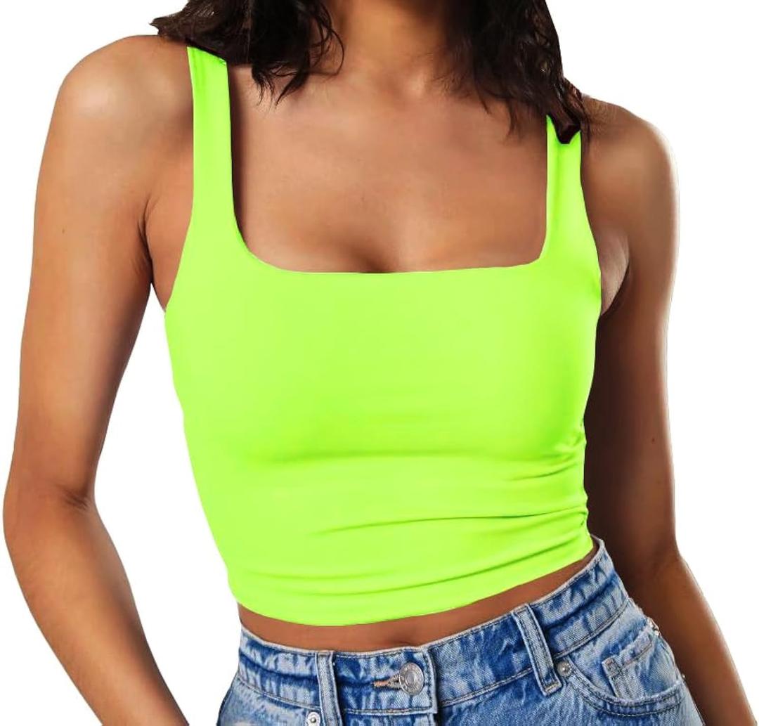 Artfish Women's Sleeveless Strappy Tank Square Neck Double Layer Workout Fitness Casual Basic Crop Tops (Neon Lime Green)
