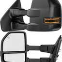 Smoked Power Heated Tow Mirrors Compatible with 2004-2014 Ford F150 F-150 Pickup Truck, Extended Trailer Towing Side Mirrors with LED Puddle Light, Carbon Fiber Grey Housing