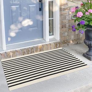 Beige Striped Rug 2.3'x3.6' Indoor Outdoor Rugs Front Door Mat Hand Woven Cotton Washable Striped Layered Doormats for Front Porch/Kitchen/Farmhouse/Entryway/Patio