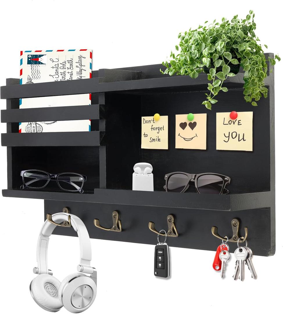 Key Holder Wall Mount, Solid Wood Key and Mail Organizer for Wall(Self Adhesive or Drill), 8 Hooks Key Rack for Entryway Hallway Bedroom Farmhouse Home Decor (Matte Black)