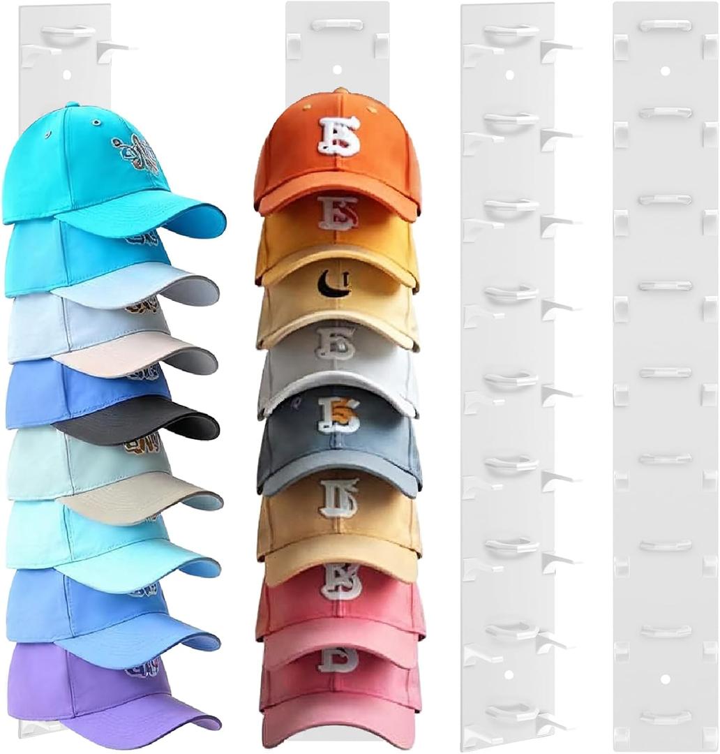 Hat Organizer for Baseball Caps, 2 Pack Hat Rack for Wall Hold up to 18 Hats Strong Adhesive Hat Hooks Stand Multilayer Hat Hanger Organizer Storage Holder Display for Door Closet BedroomWhite)