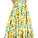 PRETTYGARDEN Women's Casual Summer Midi Dress Puffy Short Sleeve Square Neck Smocked Tiered Ruffle Dresses (Yellow, M)