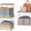 3PCS Stackable Closet Organizers and Storage, Closet Shelves with Wood Top Extra Storage, Clothes Storage Organizer Basket Bin/Cube for Home Wardrobe Organization(White-Sturdy Metal) Patent Pending