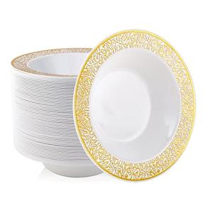 JOLLY PARTY 60 Disposable Gold Plastic Dessert Bowls, 12 oz Soup Bowls, Lace Christmas Thanksgiving Trim, Premium Heavy Duty Plastic Bowl for Wedding/Party (Gold)