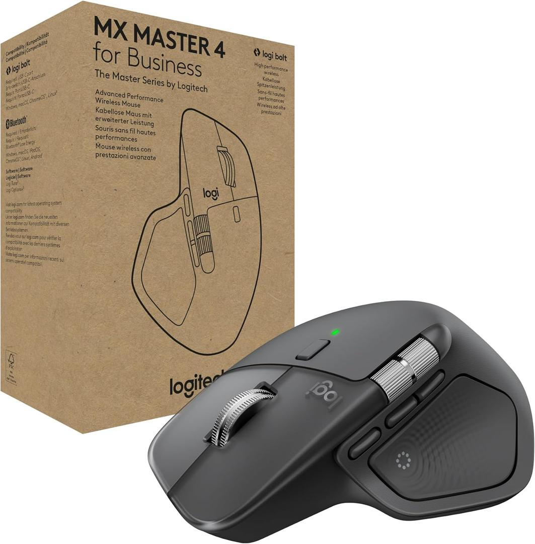 Logitech MX Master 4 for Business, Wireless Mouse with Quiet Clicks, 8K DPI, MagSpeed Scrolling, Logi Bolt Receiver, Bluetooth, Actions Ring, Haptics, USB-C Charging – Graphite