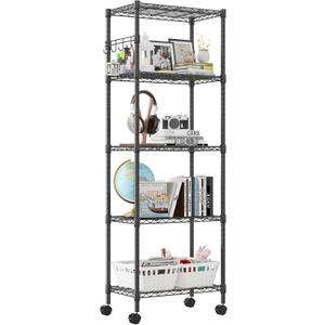 Homdox 5 Tier Wire Shelving Unit on Wheels, Adjustable Storage Racks and Shelving, Heavy Duty Rolling Metal Shelves with Side Hooks for Laundry Bathroom Kitchen Garage Pantry Organization, Black (23.23*13.78*72.05 inch)