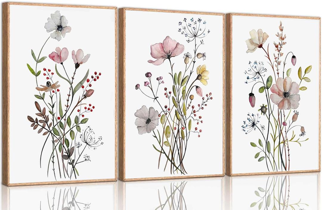 3Pcs Vintage Wildflower Canvas Wall art Country Farmhouse Watercolor Flower Botanical Painting Pictures Wall Decor Floral Poster Print Artwork for Bedroom Living Room Girls Room Decoration