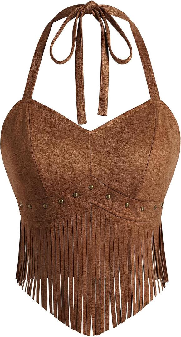 UpFind Women's Brown Fringe Halter Tops Sexy Faux Suede Boho Tops Cowgirl Outfits for Women, Large