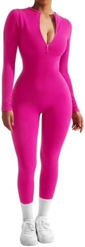 SUUKSESS Women Long Sleeve Ribbed Jumpsuit Zip up Front Workout Bodycon Romper M