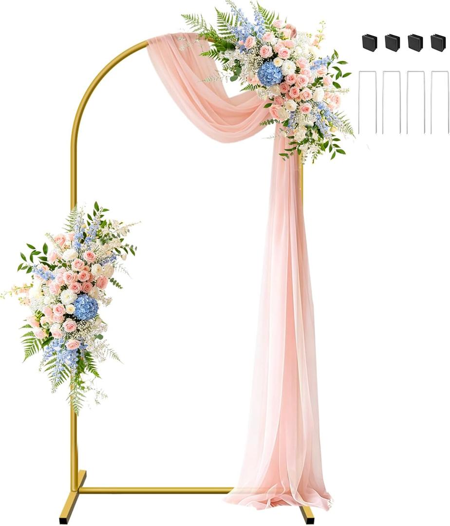 6.6 ft Metal Arch Backdrop Stand, Gold Wedding Arch Stand with Ground Nails, Balloon Arched Backdrop for Wedding, Baby Shower, Birthday Party, Photography, Garden Floral, Ceremony Decor