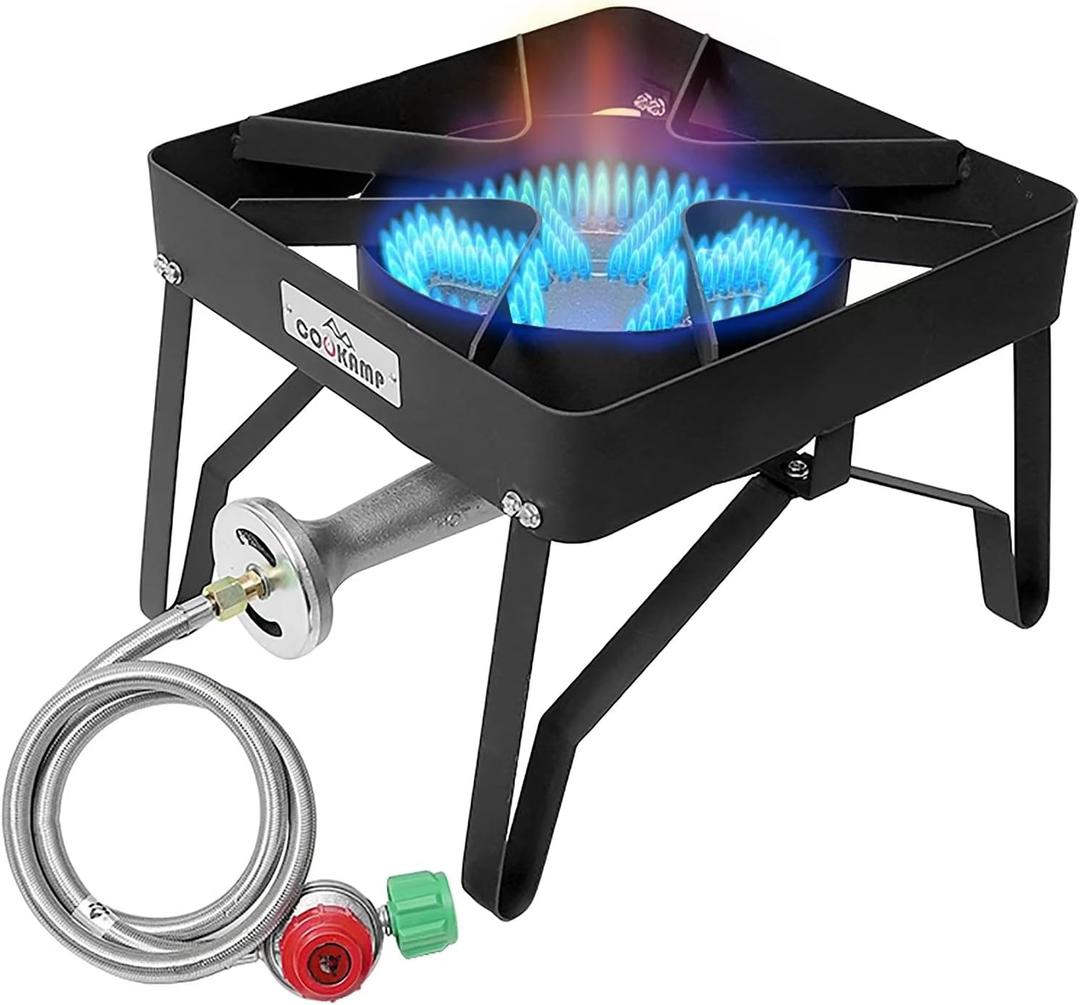 High Pressure 200000 BTU Banjo 1-Burner Outdoor Propane Burner Gas Cooker with 0-30 PSI Adjustable Regulator and Steel Braided Hose (Balck) SA1250 (BLACK)