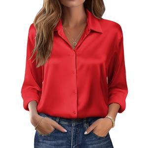 Zeagoo Womens Tops Long Sleeve Satin Silk Button Down Shirts Casual Business Dressy Blouses Fall Clothes (Small, Red)