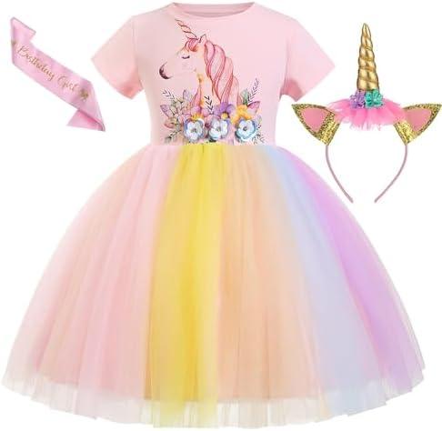 Unicorn Dress for Girls Princess Unicorn Costume Birthday Party Headband with Accessories (150 7-8 Years, Pink)