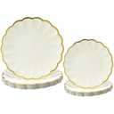 Newtay 60 Pcs Cream Scalloped and Gold Paper Plates 9.5 Inch and 7.5 Inch Shell Gold Edge Disposable Dinner Plates for Birthday Wedding Baby Shower Party Decorations (Cream, 2 Size)