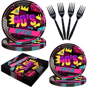 96 PCS Back to the 90s Party Decorations Supplies, Birthday Party Tableware Set 90s Party Dessert Plates Napkins Forks for 24 Guests 80s Favors