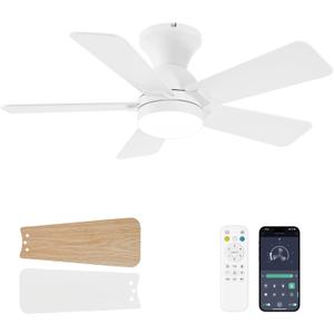 Ceiling Fans with Lights, 36 Inch Low Profile Ceiling Fan with Light and Remote Control, Flush Mount, Reversible, 3CCT, Dimmable LED, Quiet, White Ceiling Fan for Bedroom, Kitchen, Office