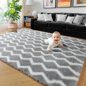 RUGTUDER 5x8 Rug for Living Room Bedroom, Fluffy Fuzzy Non Slip Soft Plush Shaggy Large Chevron Zigzag Area Rug for Nursery Kids Room Office Playroom Classroom, Light Grey and White