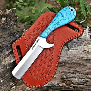 Handmade 1095 steel Bull cutter knife, cowboy knives with pancake leather sheath classic style knife, gift for men (Turquoise BLUE)