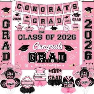Graduation Decorations 2026 Pink Graduation Party Decor Set include Congrats Grad Banner Backdrop Class of 2026 Balloons Party Supplies