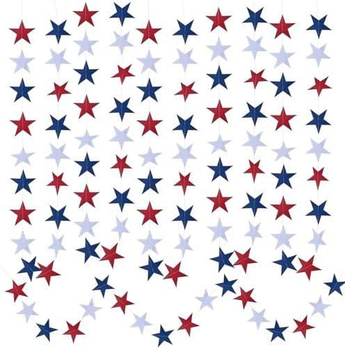 UOUYOO Patriotic Star Streamers Banner Garland 6 Strands 4th of July Decorations Party Paper Hanging red White and Blue for Fourth of July Decor Independence Day