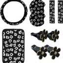 10Pcs Cute Flower Car Accessories Set, Includes Floral Steering Wheel Cover, Seat Belt Covers, Daisy Air Vent Clips, Center Console Armrest Cushion, Cup Coasters for Women Decoration (Black)