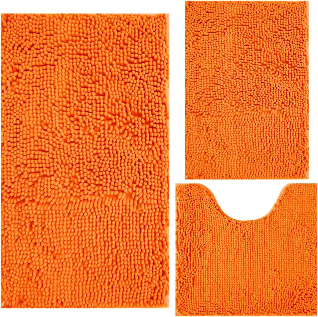 Bathroom Rugs Chenille 3-Piece Extra Soft and Absorbent Shag Bathroom Rugs, Machine Wash Mat, Strong PVC Non-Slip Underside, Plush Carpet Mats (Orange) (2'8" x 1'8" (16x24"+20x32"+20x20"U shape)