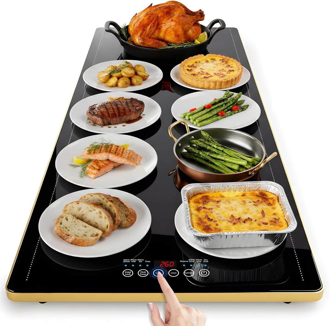 Electric Warming Trays for Buffets Party (XXL 40"x 14"): Warming Mat for Food Extra Large with Touchscreen, 9 Temp Modes, 24H Timer, Full Surface Heating, Tempered Glass Food Warmers, Gold Edge