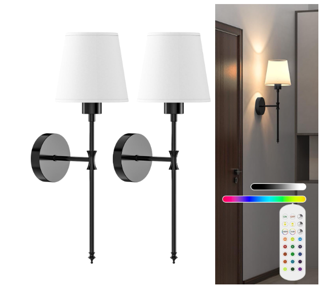 viyawise Battery Operated Wall Sconce Lights Set of Two, Rechargeable Powered Wall Lamp with RGB Bulbs, Wireless Decor Wall Sconces with Dimmable Remote Control, for Bedroom Living Room (Black)