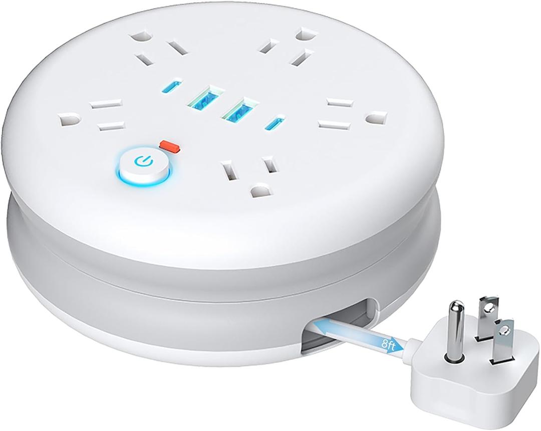 Retractable Travel Power Strip: 8 ft Extension Cord Surge Protector - Portable Powerstrip with 5 Outlet 2 Smart USB Port 2 USB C for Travel Cruise Ship Beach Vacation Essentials (8 Ft, White)
