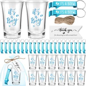 50 Sets Baby Shower Favor for Guests Acrylic Shot Glasses with Bottle Opener Keychains Thank You Tags and Bags Gender Reveal Party Favors for Guest Baby Shower Return Gift(Boy)