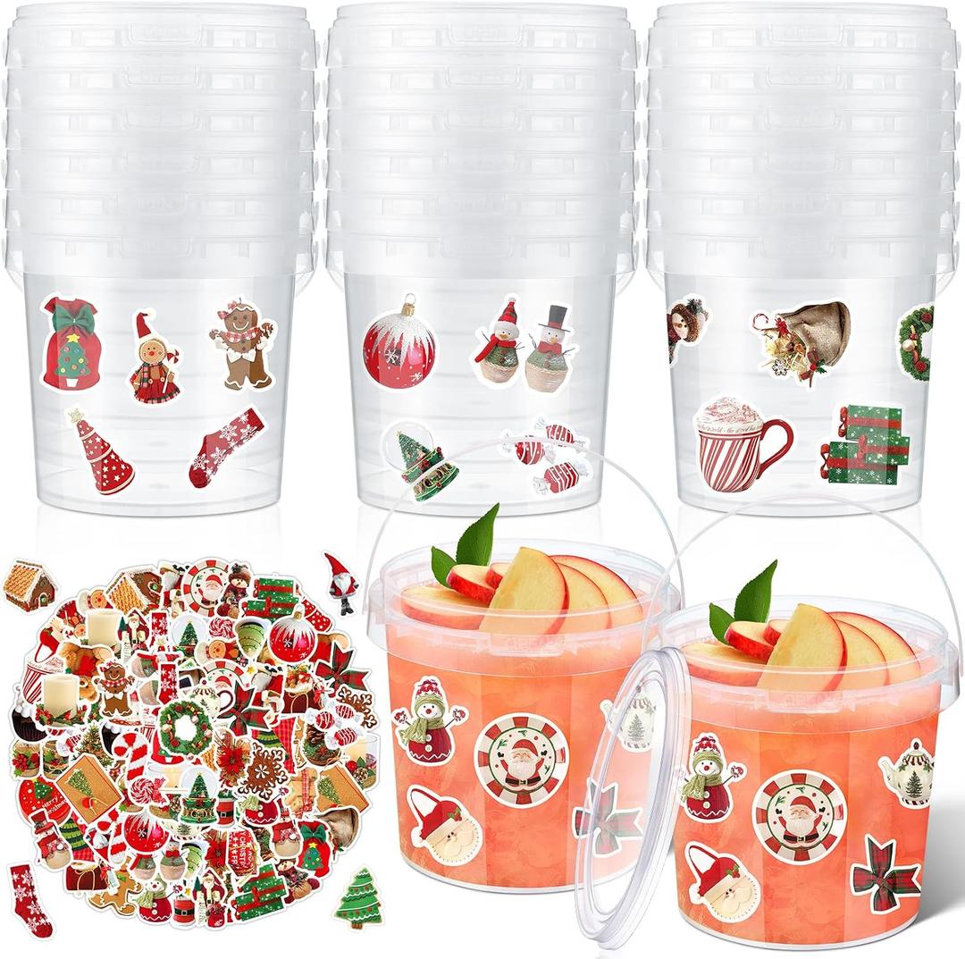 PerKoop 20 Pcs 32 oz Ice Cream Buckets with Lids and Handles Clear Cocktail Rum Buckets with Stickers Plastic Transparent Tub Reusable Food Storage Containers for Parties(Xmas)