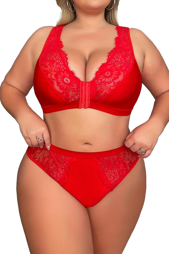 Women's Plus Size 2 Piece Lingerie Set Sexy Sheer Bralatte 3/4 Cup Bra Panty Sets Super Stretchy Lace (XX-Large, Red)