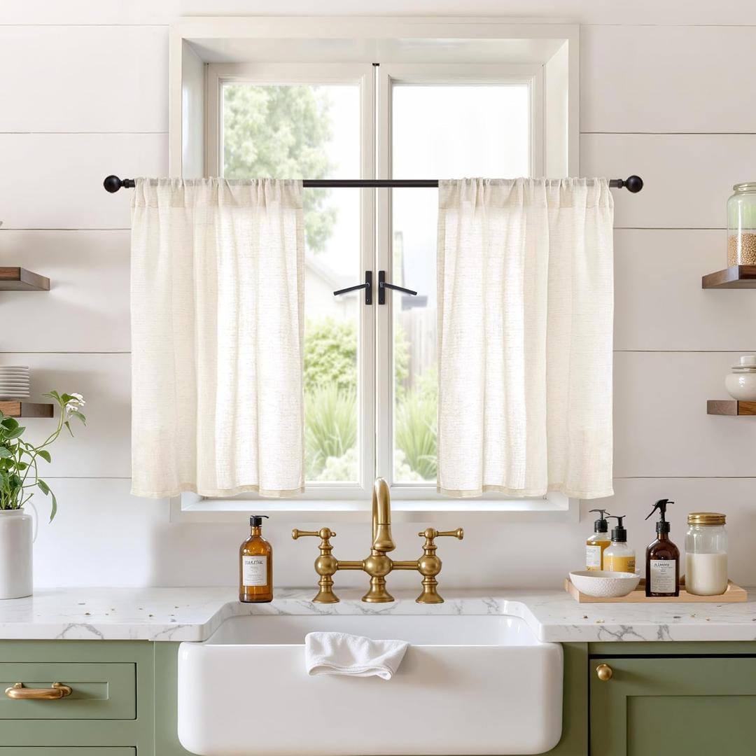 BGment Short Beige Linen Semi Sheer Curtains 30 Inch Length for Windows, Small Drapes Lightweight Rustic Textured for Bathroom Over Sink Cafe Decor Rod Pocket, 2 Panels Set, 30 Inch Wide