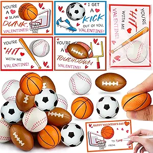 28 Pack Kid Valenitnes Day Cards with Sports Ball Valentines Day Gifts for Kids Classroom School, Valentines for Kids Class Party Favor Squeeze Foam Balls Stress Relief Toy Valentines Exchange Gifts