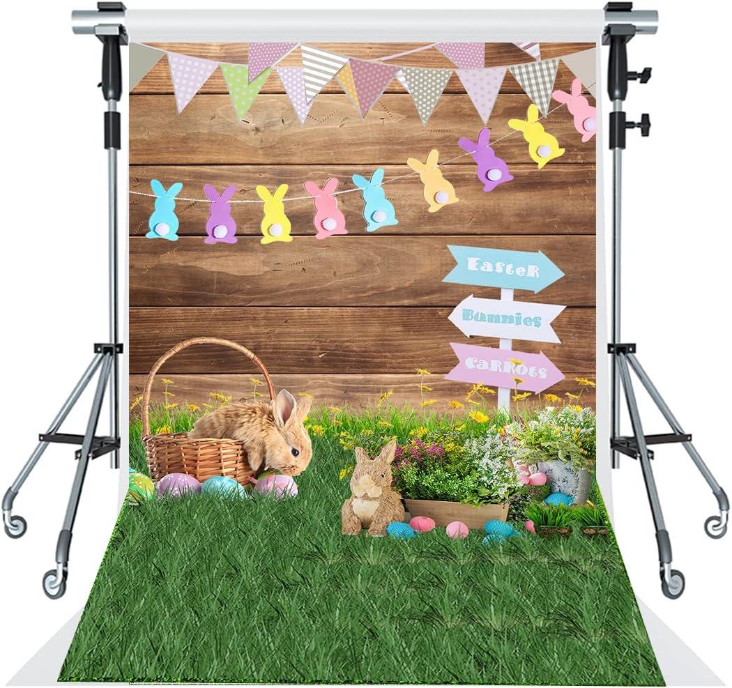 5x7ft Easter Photography Backdrops Wooden Eggs Green Grass Colorful Bokeh Photography Background Floral Bunny Decoration Backdrop Easter Photo Background for Baby Show Children